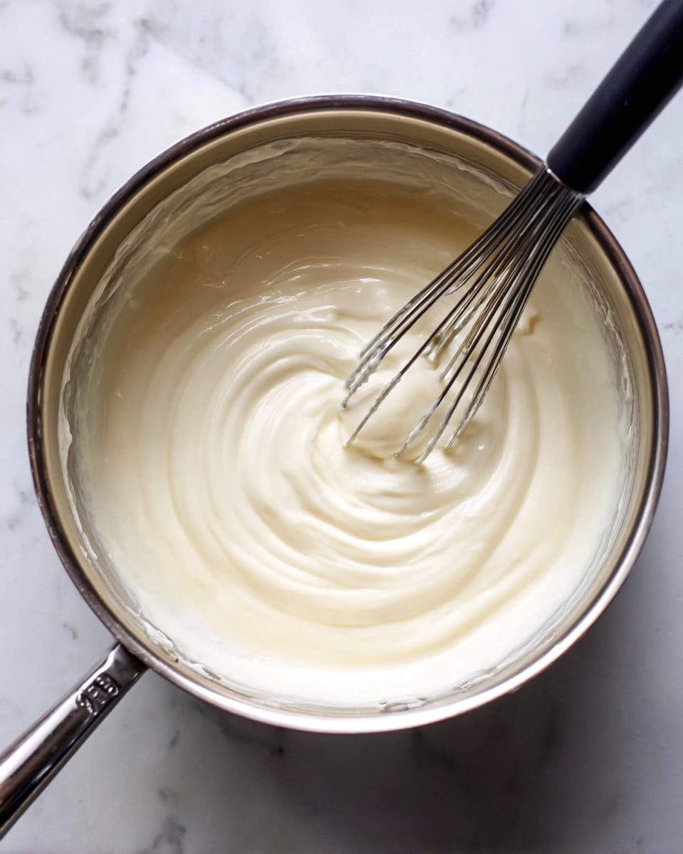 A close-up view inside a silver metal pot shows thick white sauce being mixed with a black whisk. The sauce forms a smooth, creamy spiral shape in the center, while some of it sticks slightly to the sides of the pot. The pot sits on a surface with a white marbled texture, and the handle is partially visible. Photo taken with an iphone --ar 4:5 --v 7