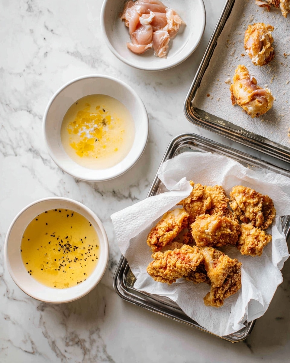 The image shows two scenes on a white marbled surface. On the left, there are three white round dishes and one metal tray. The top dish holds a raw chicken piece lying in light yellow crumbs. Below it, a dish contains a raw chicken piece soaking in beaten eggs with black pepper spots. The metal tray on the right side of these dishes has two chicken pieces covered in light crumbs. On the right side of the image, a metal tray lined with white paper towels holds seven cooked chicken pieces with a golden brown crispy texture, arranged loosely on the tray. The colors range from pale raw chicken to rich golden fried pieces, showing the step-by-step coating process. photo taken with an iphone --ar 4:5 --v 7