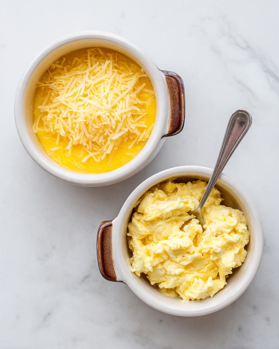 A clear glass bowl centered in the image holds four brown eggs with smooth shells, arranged close together. Around the bowl are four small white ceramic bowls on a white marbled surface: one contains a small block of pale yellow butter, another has a small amount of white cream, the third contains light yellow shredded cheese, and the last has granulated white salt in a textured glass container. To the right of the bowls, there is a white pepper grinder with some scattered black pepper close by. The whole setup looks neat and bright. photo taken with an iphone --ar 4:5 --v 7