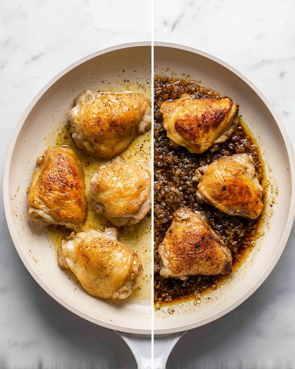 There are two white pans shown side by side on a white marbled surface. The left pan has five golden brown chicken pieces with a slightly crisp skin cooking in light oil, their texture is smooth and juicy with some pepper seasoning visible. The right pan contains small browned bits of sautéed onions and garlic with a rich dark brown color scattered across the pan, showing a sticky, textured mixture in the center and around the edges. Photo taken with an iphone --ar 4:5 --v 7