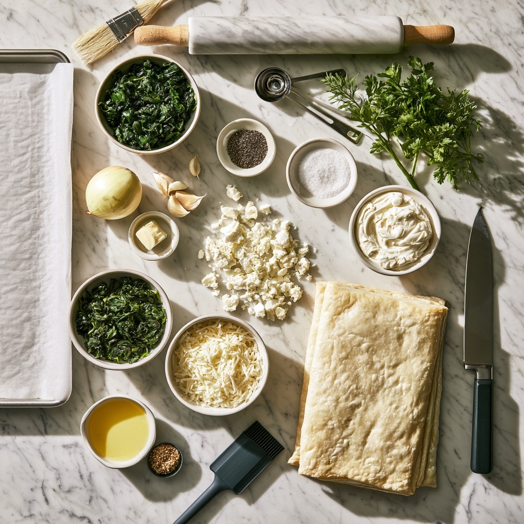 The image shows four steps of making a creamy spinach filling. The first step is a white pan with sautéed translucent white onion pieces and a small pile of light yellow minced garlic in the center, with a wooden spoon resting inside. The second step shows the same pan with cooked dark green spinach mixed with the onions, the wooden spoon stirring them around. The third step is a clear glass bowl containing the cooked spinach and onion mix topped with white ricotta cheese, shredded pale yellow mozzarella, and chopped fresh green dill. The fourth step shows the same glass bowl with all ingredients combined into a creamy, textured, white and green spinach mixture, a wooden spoon resting in it. Everything sits on a white marbled surface with an orange cloth nearby. Photo taken with an iphone --ar 4:5 --v 7