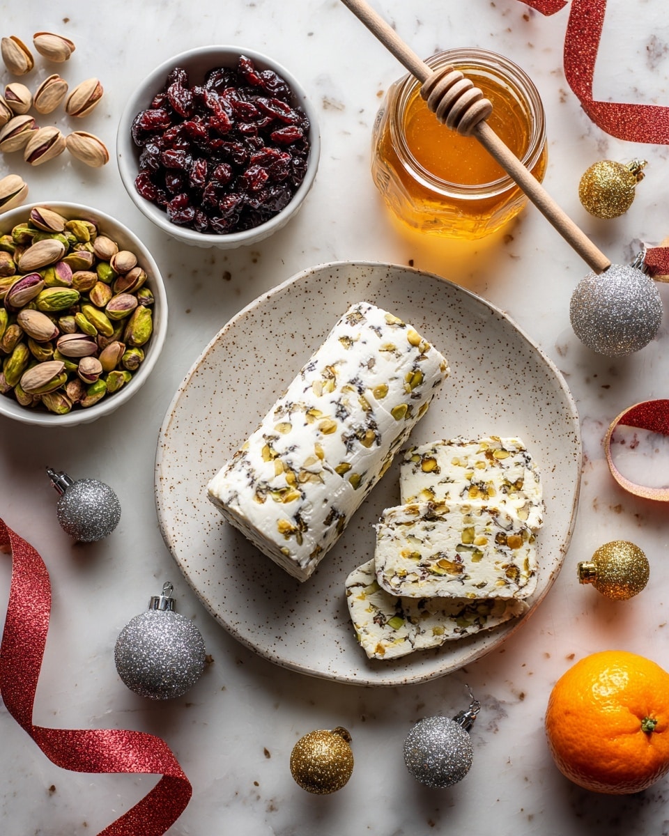 The image shows a white speckled plate placed on a white marbled surface with a whole log and a sliced piece of white goat cheese on it. To the left and above the plate, there are two small white bowls; one filled with green and brown pistachio nuts, and the other with dark red dried cranberries. Above and to the right of the plate, there is a clear glass jar filled with honey and a wooden honey dipper resting on top. On the lower right side, there is a bright orange whole tangerine. Decorative silver and gold glittery ornaments and a red ribbon spiral around the elements, adding a festive feel. Photo taken with an iphone --ar 4:5 --v 7