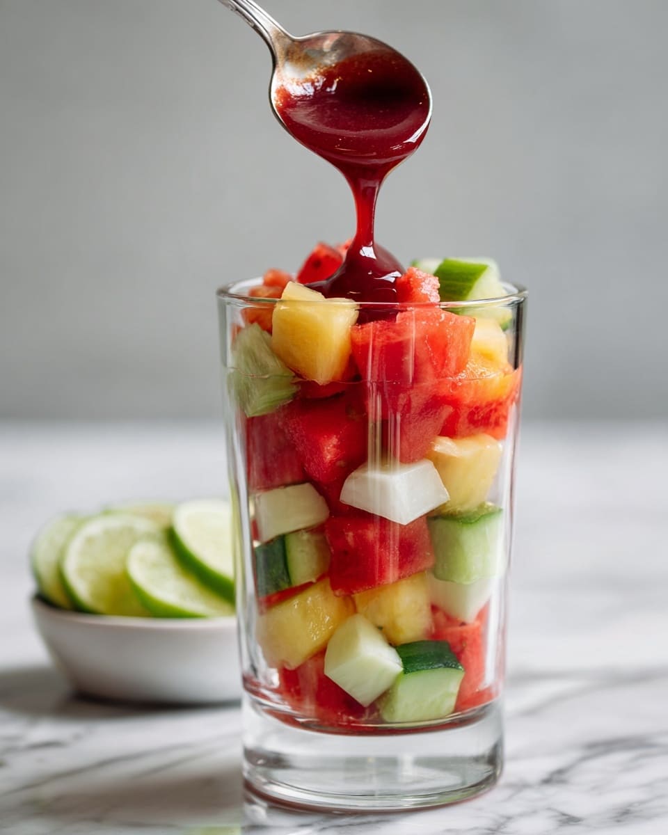 A clear glass filled with multiple layers of small fruit and vegetable cubes including red watermelon, yellow pineapple, white jicama, and green cucumber pieces. On top, a spoon is pouring a deep red sauce over the fruit mix. In the background, there is a small white bowl with lime wedges. The setting is on a white marbled surface. photo taken with an iphone --ar 4:5 --v 7
