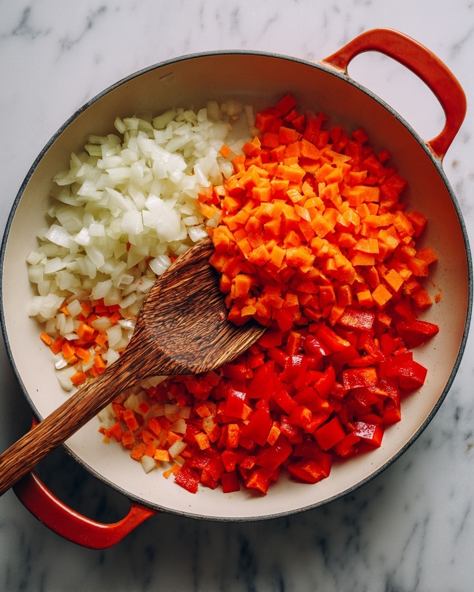 A white pan holds three layers of diced vegetables arranged side by side without mixing. On the left, there are small white pieces of cooked onions with a soft texture. Next to it in the center, a large pile of finely chopped orange carrots with a slightly firm texture. To the right, bright red diced bell peppers with a shiny, smooth surface. A rustic wooden spoon rests diagonally inside the pan, touching the vegetables. The pan has a red handle, and the whole scene is set on a white marbled surface. photo taken with an iphone --ar 4:5 --v 7