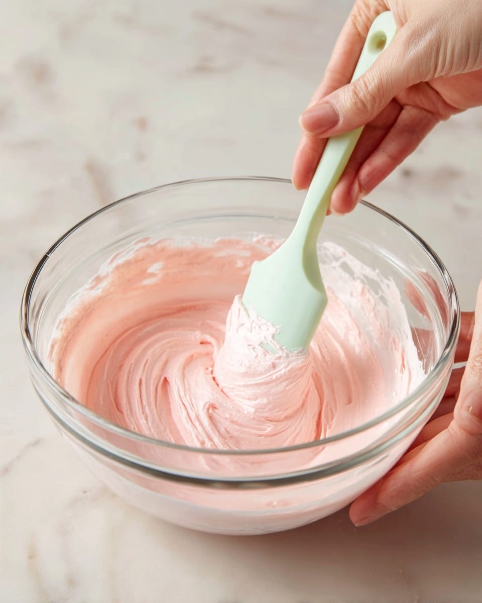 A clear glass mixing bowl holds a smooth, pink mixture with a soft texture inside. A woman's hand holds a light green silicone spatula, gently folding and scraping the mixture on one side of the bowl. Another woman's hand steadies the bowl on a white marbled surface below. The mix has a creamy appearance, slightly shiny, and evenly spread in the bowl. The background is softly blurred. photo taken with an iphone --ar 4:5 --v 7