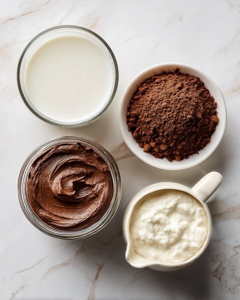 The image shows four containers arranged in a square on a white marbled surface. The top left container is a glass filled with white milk, smooth and full to the brim. The top right is a small white bowl filled with dark brown cocoa powder, which has a dry, powdery texture. Below the glass, at the bottom left, there is a small glass jar with dark brown thick chocolate paste that looks smooth and creamy with swirled patterns on top. At the bottom right, a small white ceramic pitcher is filled with fresh cream, glossy and dense, showing a slightly shiny surface. Photo taken with an iphone --ar 4:5 --v 7