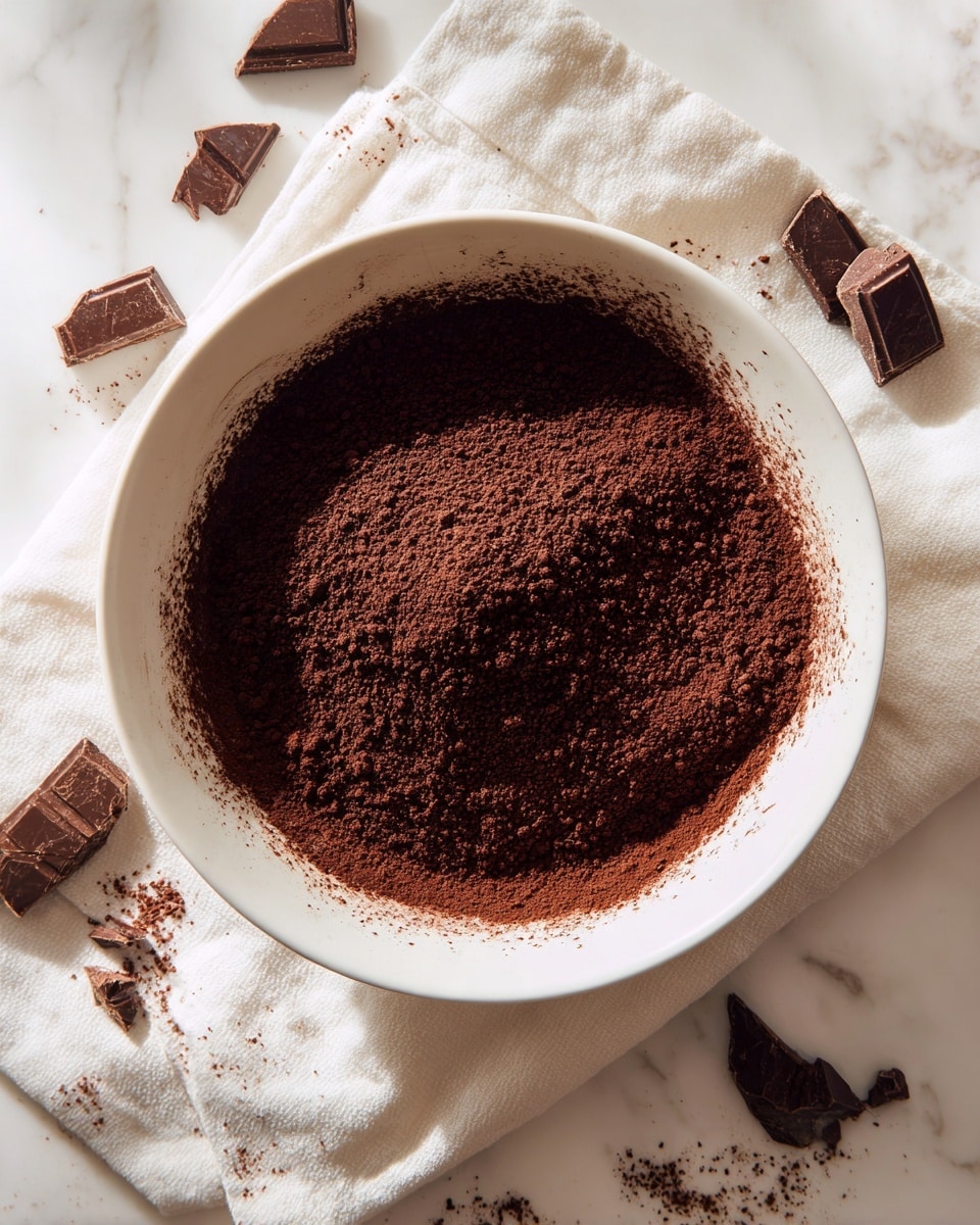 A large white bowl sits on a white marbled surface with a white cloth beneath it. Inside the bowl, there is a single thick layer of dark brown cocoa powder with a dry, crumbly texture spread unevenly, leaving some white bowl edges visible. Around the bowl, small, broken pieces of medium brown chocolate with smooth surfaces are scattered on the white cloth. The scene is bright with soft natural light highlighting the powder’s texture and the chocolate pieces' smooth finish. photo taken with an iphone --ar 4:5 --v 7
