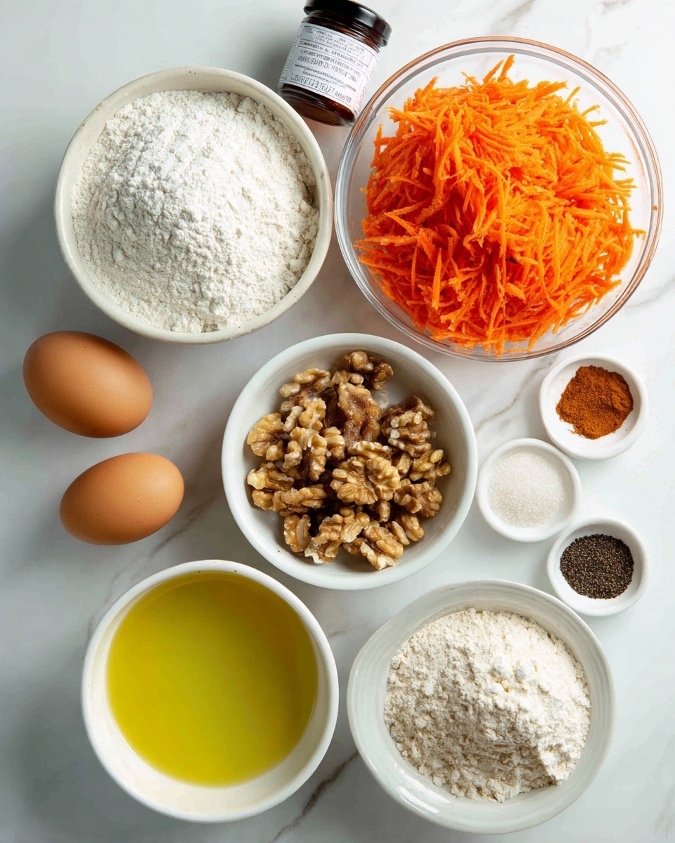 The image shows a collection of clear and white bowls arranged neatly on a white marbled surface, each holding different baking ingredients. At the top right, a large clear bowl is filled with bright orange shredded carrots, showing fine texture and loose piles. To the right and slightly below, a medium clear bowl contains fine white flour, smooth and mounded. Below that, a smaller white bowl holds crushed walnuts with a rough and chunky texture. Next to the walnuts on the left is a white bowl filled with golden yellow oil, shiny and smooth. Below the oil, two brown eggs are placed right on the surface. In the bottom left, a clear bowl holds a mix of white and brown sugar, with the sugars visibly distinct in their grainy textures and colors. Above this set of bowls, a small white bowl is filled with a white granular substance, likely salt, while another small white bowl sits empty. At the top left of the image, a small jar of Madagascar vanilla paste with a dark label stands next to three small pile-like heaps of spices in three white bowls showing different shades of brown, black, and orange. The photo taken with an iphone --ar 4:5 --v 7
