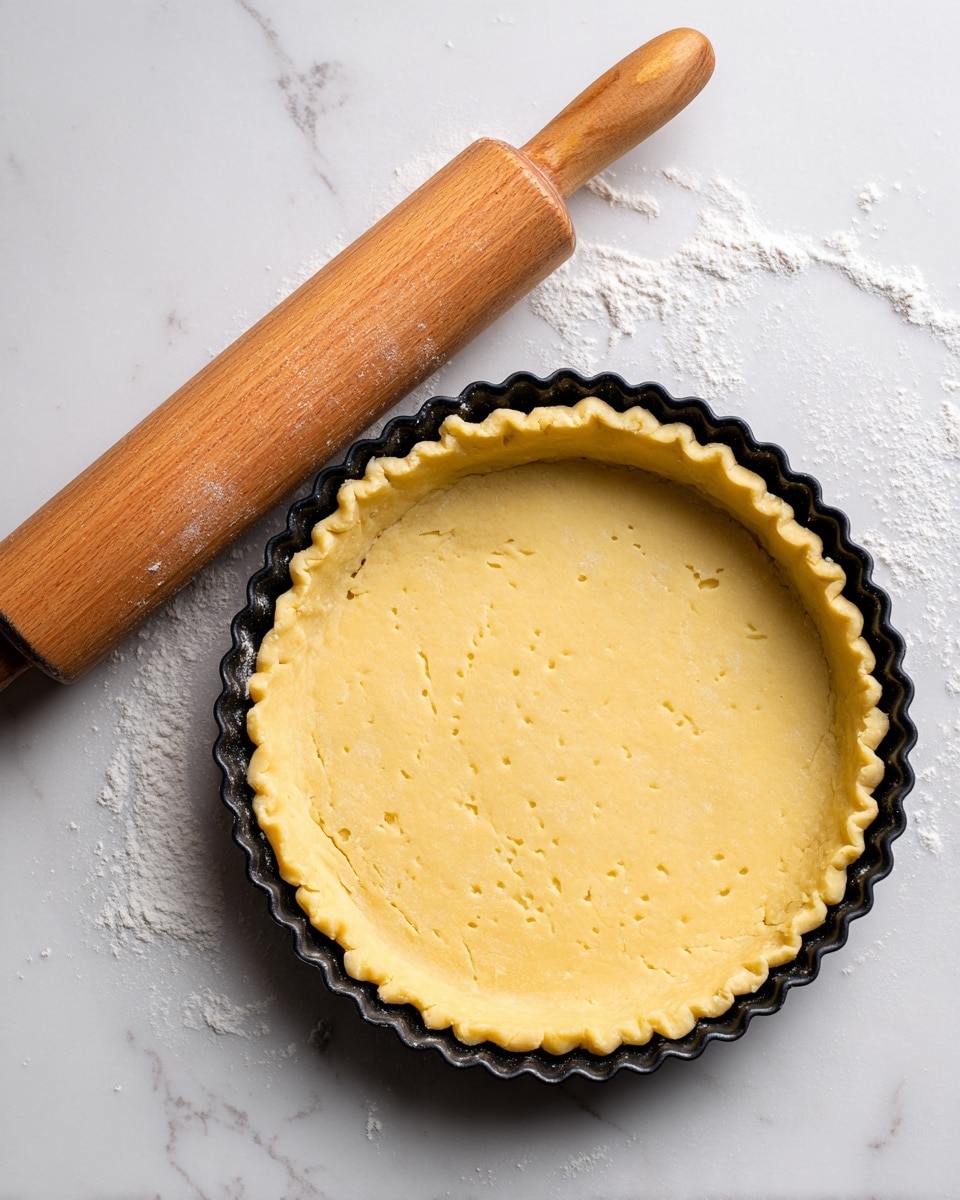 The image shows a tart crust dough placed inside a black tart pan with fluted edges. The dough is pale yellow with small fork holes evenly dotted across the bottom and sides. Around the outside of the pan, extra dough edges extend onto the white marbled surface beneath. A wooden rolling pin is placed beside the tart pan on the same surface. The scene highlights the raw, smooth texture of the dough with soft natural lighting. photo taken with an iphone --ar 4:5 --v 7