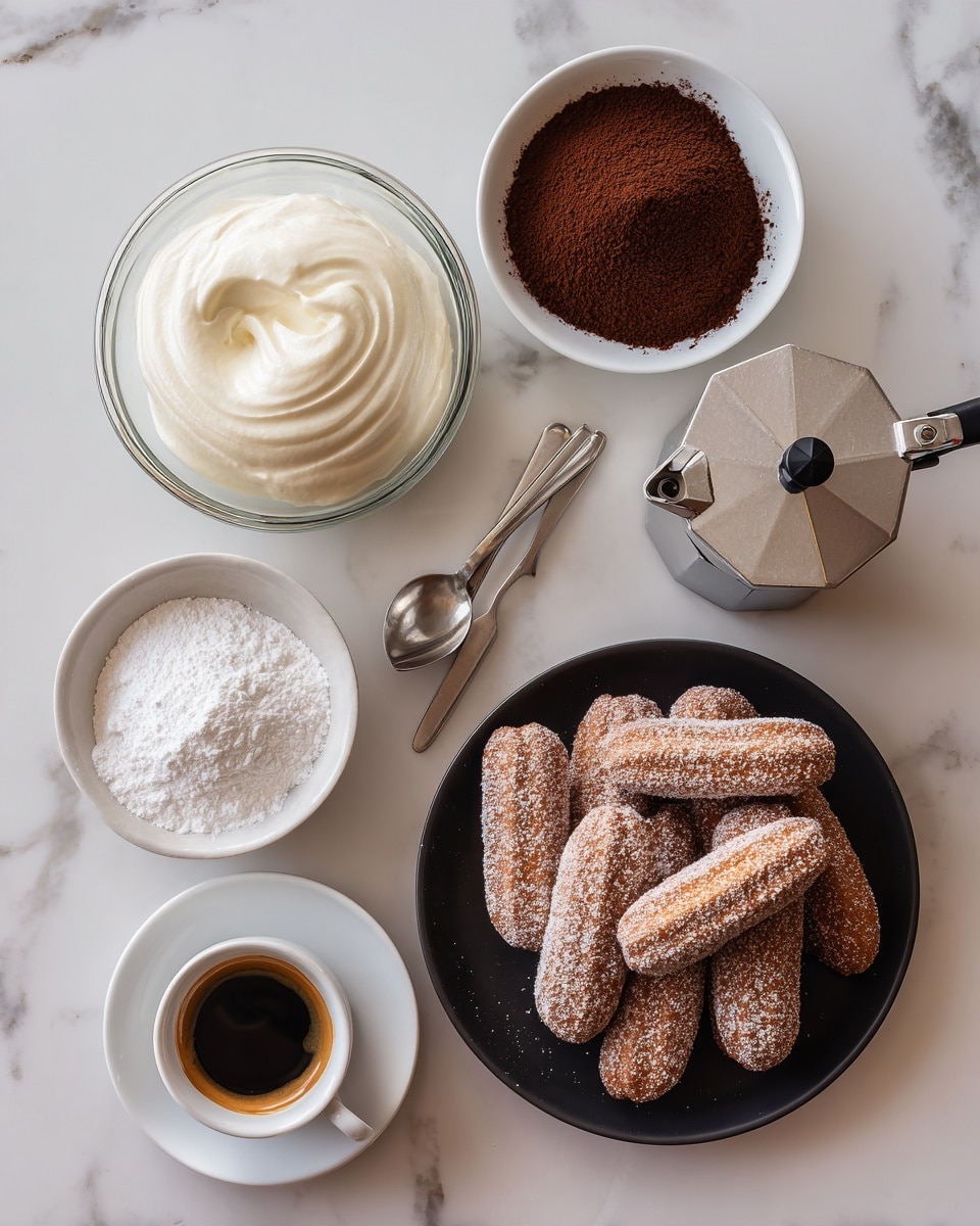 The image shows a flat arrangement of ingredients on a white marbled surface. There is a round black plate on the right side, filled with multiple light brown ladyfinger biscuits that have a dusty sugar coating. To the left of the plate, a clear glass bowl holds a large dollop of smooth, thick white cream. Near the top right, a white bowl is loaded with dark brown cocoa powder, and a white plate on the left contains white powdered sugar. A small white cup and saucer hold a dark brown espresso shot placed near the center, with a silver metallic stovetop coffee pot beside it. The scene has a clean and organized look with all containers neatly placed. Photo taken with an iphone --ar 4:5 --v 7