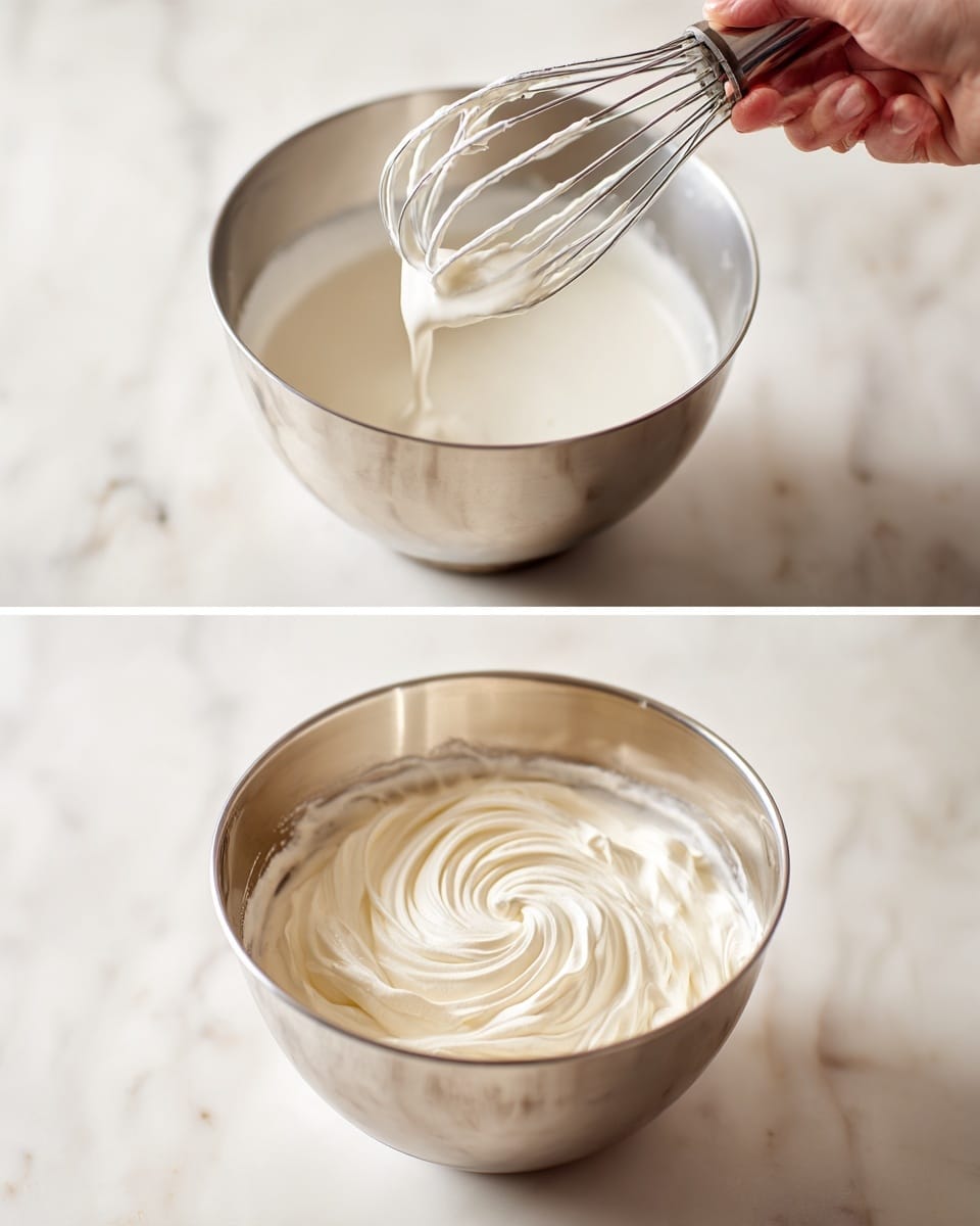 The image shows two side-by-side views of a white marbled surface with a white towel underneath a clear glass mixing bowl. On the left side, a woman's hand is pouring dark brown liquid from a small white cup into the bowl that already contains white powder on top of a light brown base mixture. On the right side, the same bowl now has a mixed light brown dough with a creamy texture and a white spoon resting on the side. In the background, a small white cup holds some leftover light brown liquid, and a silver metallic coffee pot is visible. photo taken with an iphone --ar 4:5 --v 7