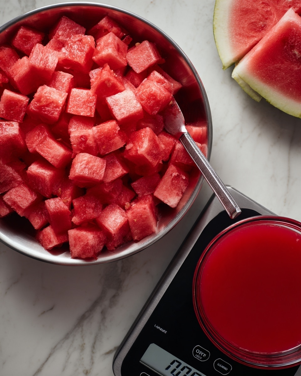 The left side shows a close-up of a metal bowl filled with many pieces of bright red and pink watermelon chunks, with a sharp silver blade in the middle. The right side shows a clear round bowl filled with smooth, red watermelon juice sitting on a black digital scale showing the weight 1005 g, with a slice of watermelon in the background. Both scenes are set against a white marbled surface. photo taken with an iphone --ar 4:5 --v 7