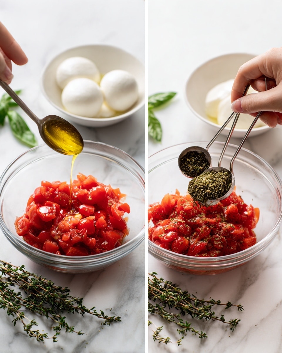 The image shows two side-by-side photos of a clear glass bowl filled with bright red crushed tomatoes on a white marbled surface. In the left photo, a woman's hand holds a spoonful of golden olive oil above the tomato mixture, about to pour it in. In the background, a white bowl holds two round, white mozzarella balls soaking in liquid, with green basil and thyme sprigs nearby. In the right photo, a woman's hand is holding two measuring spoons filled with dried green herbs just above the tomato bowl, ready to add the spices. The overall setting is clean and bright with fresh ingredients visible. Photo taken with an iphone --ar 4:5 --v 7