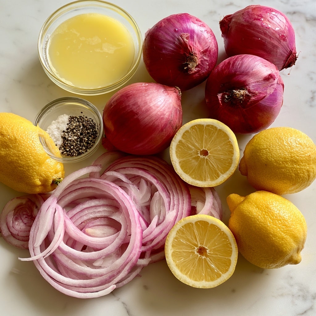Two images show red onion slices on a wooden board and in a clear glass bowl. The top image displays many thin, curved onion slices with layers of purple and white skin placed flat on the wooden board with a small cluster of inner onion rings nearby. The bottom image shows a woman's hand with red nail polish holding the clear glass bowl filled with the same purple and white thin onion slices. The background is a white marbled texture. Photo taken with an iphone --ar 4:5 --v 7