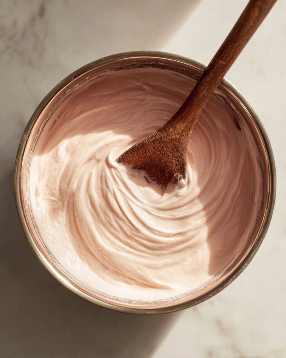 A shiny stainless steel pot filled with smooth, light pink creamy mixture inside, being stirred by a wooden spoon with a rich brown texture that is partially dipped into the mixture, all placed on a white marbled surface with soft natural light highlighting the creamy texture and gentle folds in the mixture. photo taken with an iphone --ar 4:5 --v 7