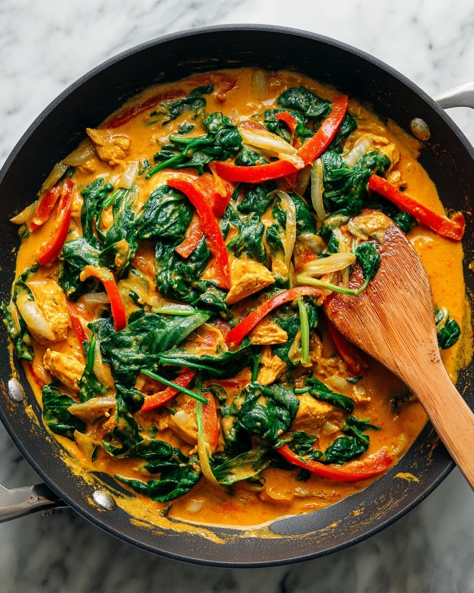 A close-up of a black pan with a colorful curry inside, showing three main layers: at the bottom, a creamy orange sauce with a smooth texture; in the middle, bright red and green bell pepper strips with soft white onion pieces; on top, fresh dark green spinach leaves, all mixed together with small pieces of cooked light brown chicken. A wooden spatula is stirring the mixture, positioned on the right side of the pan, partly dipped in the sauce. The pan sits on a white marbled surface. photo taken with an iphone --ar 4:5 --v 7