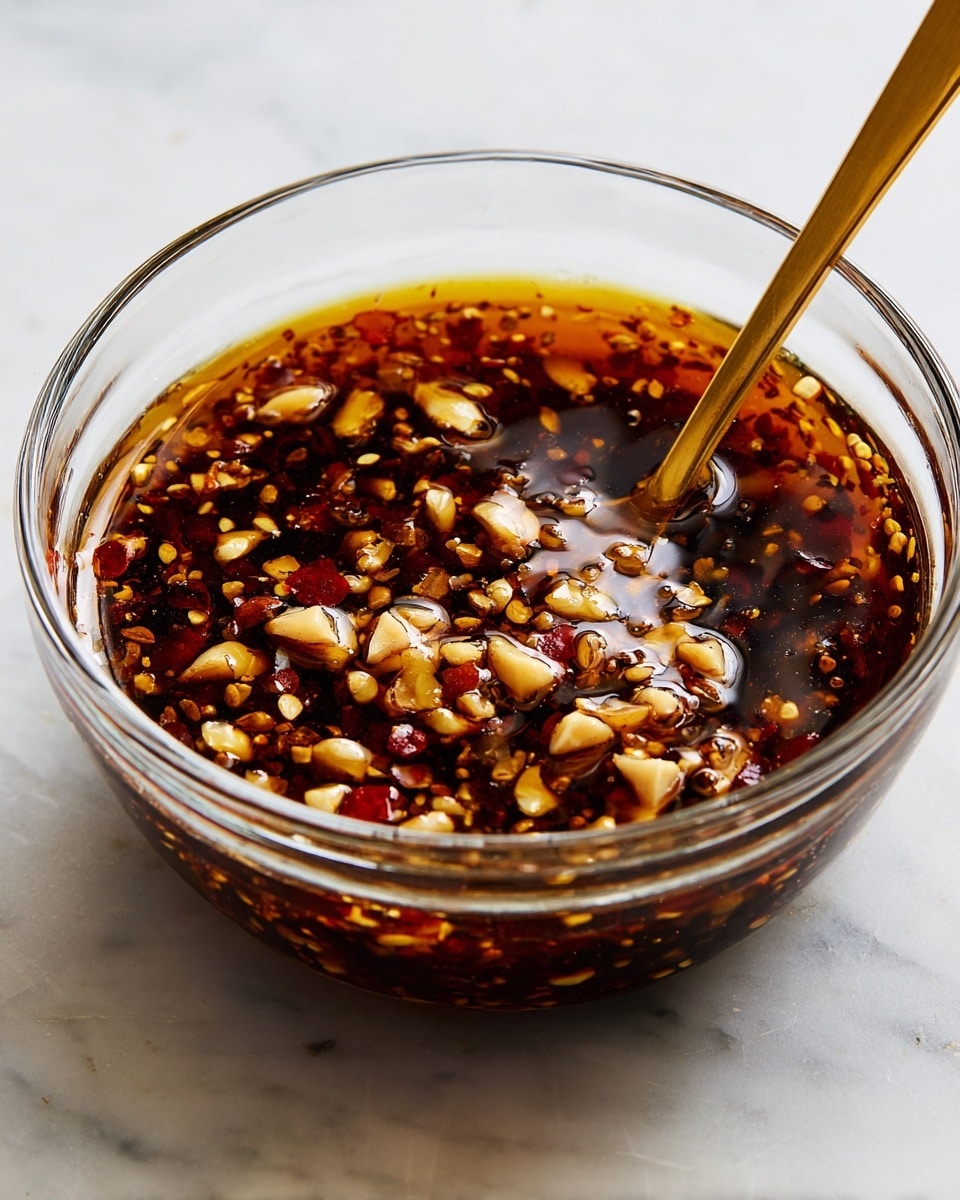 A clear glass bowl filled with a dark brown sauce that has small chunks of light-colored nuts or garlic and red pepper flakes floating in it. The sauce has a shiny, oily surface with some glistening spots reflecting light. A metallic spoon with a golden finish is partly submerged in the sauce, resting on the right side of the bowl with its handle pointing upwards. The bowl sits on a white marbled surface with soft natural light evenly illuminating the scene photo taken with an iphone --ar 4:5 --v 7