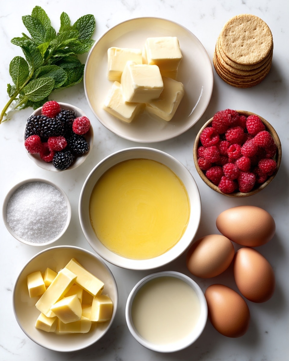 The image shows an arrangement of various ingredients on a white marbled surface. At the center, there is a white bowl filled with a smooth, bright yellow liquid. Above it, there is a white plate holding several neat cubes of pale yellow butter. To the right of the butter, there are three round, light-colored crackers stacked. Near the bottom right, two brown eggs sit close together. Below the eggs, a small white bowl is filled with a creamy off-white liquid. Next to the bowl are several pieces of yellow, cubed fruit, and above the fruit, a small brown bowl contains a mix of red raspberries and blackberries. To the left of the central bowl, two small white bowls hold coarse white salt and smaller white granular salt. Above them lies a small plate with pale yellow chunks. On the far left, a small bunch of fresh bright green mint leaves completes the arrangement. Photo taken with an iphone --ar 4:5 --v 7