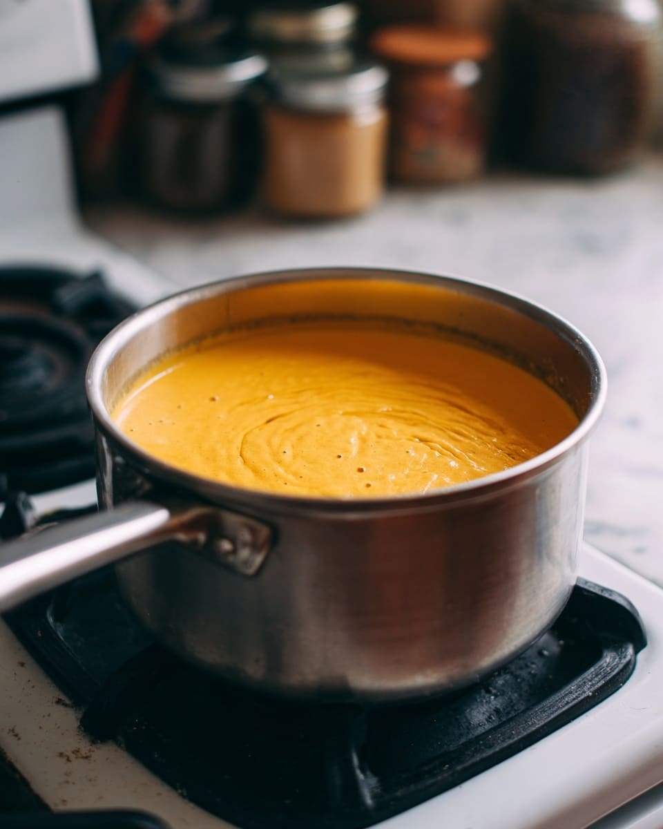 A close-up image of a shiny silver pot on a black stove burner, filled with a thick, smooth yellow mixture that looks creamy and warm. The pot has a handle sticking out to the left, and the yellow mixture fills most of the pot, showing some light texture on the surface where it moves slightly. The background and surface visible are a white marbled texture, softly lit with some blurred shapes like jars in the back, creating a cozy kitchen feel. Photo taken with an iphone --ar 4:5 --v 7