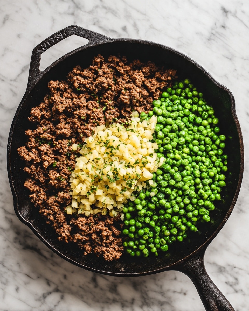 The image shows a black cast iron pan on top of a white marbled surface, filled with three main layers of food: a large portion of browned ground meat covering most of the pan's bottom, a pile of chopped light yellow garlic placed roughly in the center, overlapping with the meat, and a heap of small green peas covering part of the meat and garlic on the right side. The pan's handle extends to the left with a hole at the end, and there is a small pouring spout at the top edge. The overall lighting is bright and even, highlighting the textures of the meat, garlic, and peas. photo taken with an iphone --ar 4:5 --v 7