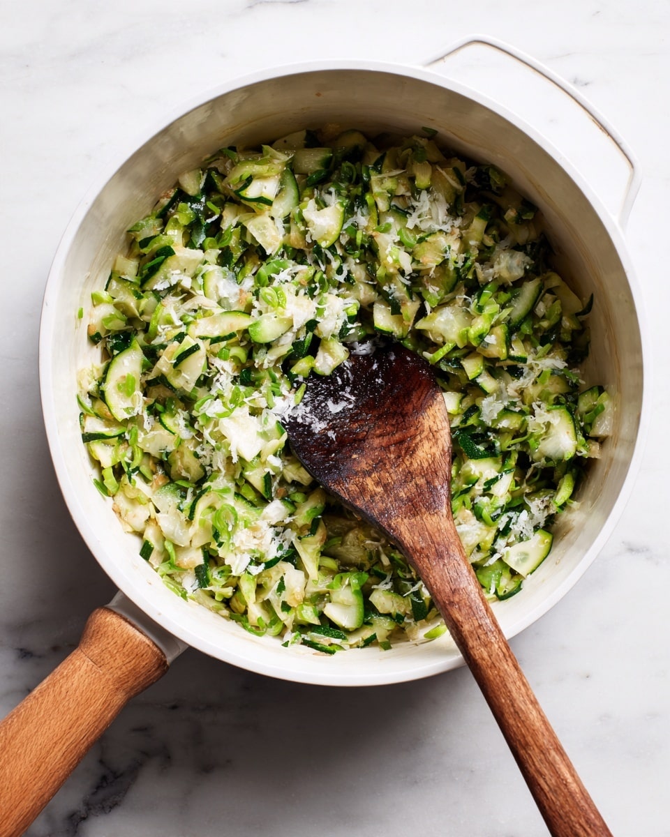 A white saucepan with a wooden handle sits on a white marbled surface, filled with chopped green zucchini mixed with small bits of white grated cheese. A dark wooden spoon rests inside the pan, partially covered by the vegetables, showing a rough textured wood against the smooth, moist green and white mix. The pan's white enamel interior contrasts with the fresh green and creamy white of the zucchini and cheese mixture, creating a fresh, simple look photo taken with an iphone --ar 4:5 --v 7