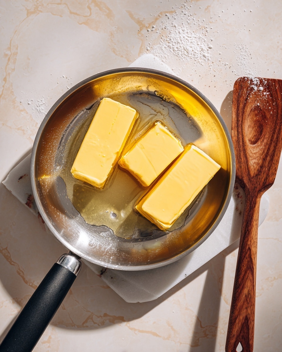 A close-up top view shows three yellow butter sticks melting inside a shiny silver frying pan with a black handle. The pan sits on a white marble round trivet. To the right, a wooden utensil with a hole in its handle is partly visible, resting on a white marble textured surface with light brown splashes. The scene has warm lighting highlighting the smooth texture of the butter and the reflective surface of the pan photo taken with an iphone --ar 4:5 --v 7
