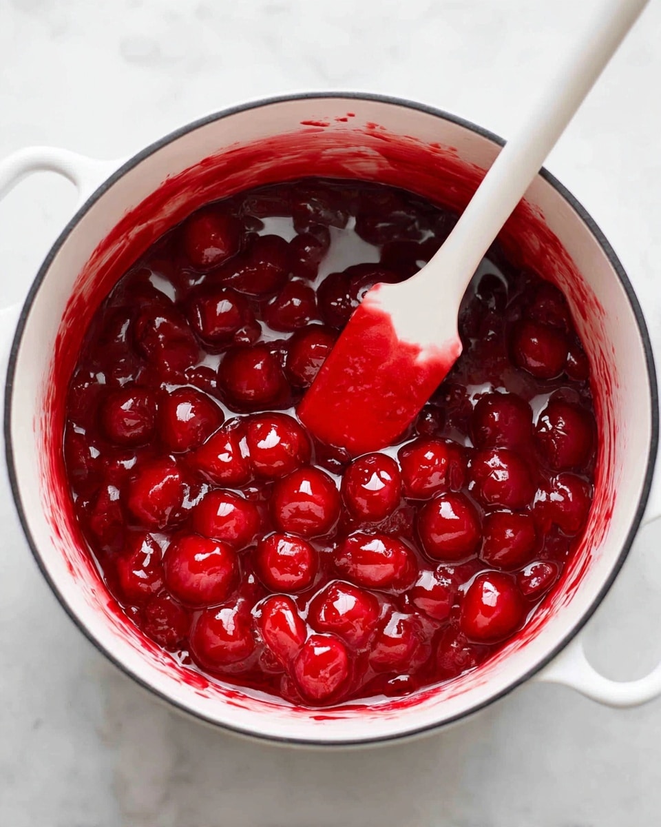 Inside a white pot with a black rim, there is a thick, shiny red cherry sauce filled with whole cherries. The sauce looks glossy and coats the cherries well, with some of it spread on the pot's inner sides, showing a rich red color. A white spatula with a touch of red sauce rests inside the pot, blending smoothly with the sauce and cherries. The pot is placed on a white marbled surface, adding a clean and bright background. photo taken with an iphone --ar 4:5 --v 7