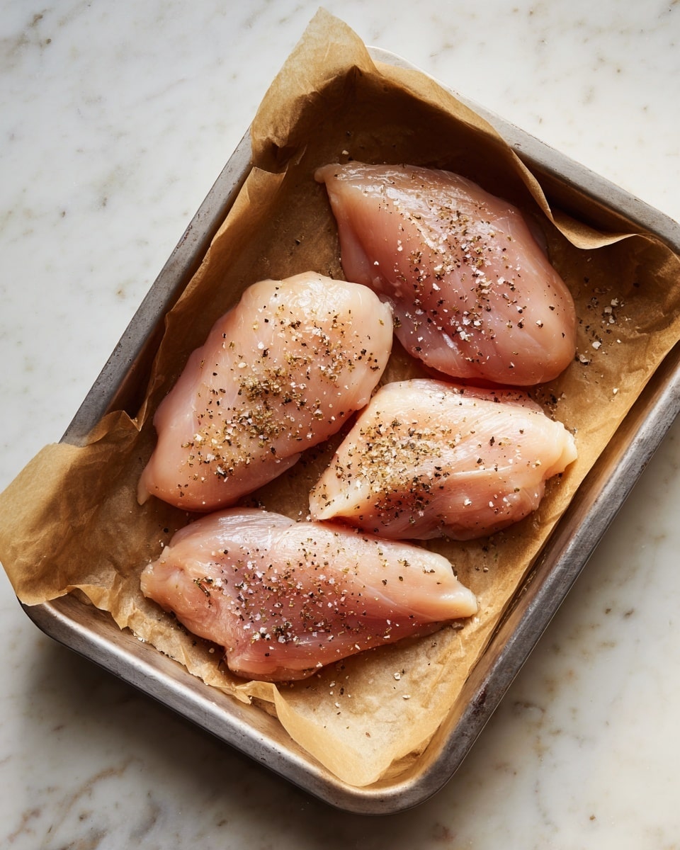 A metal baking tray lined with brown parchment paper holds four pieces of raw chicken seasoned with coarse salt and cracked black pepper. The chicken pieces vary in size and shape, all light pink with a smooth, slightly shiny texture. The tray is set on a white marbled surface that adds a clean and bright look to the scene. photo taken with an iphone --ar 4:5 --v 7