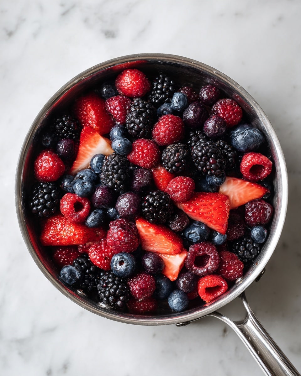 A shiny silver metal pan filled with a mix of fresh berries including blackberries, raspberries, blueberries, and sliced strawberries. The berries show rich colors like deep purple, bright red, and dark blue, with the strawberries adding a vibrant red tone and juicy texture. The pan is placed on a white marbled surface, creating a clean and fresh setting. The metal handle of the pan extends to the right side of the image. photo taken with an iphone --ar 4:5 --v 7