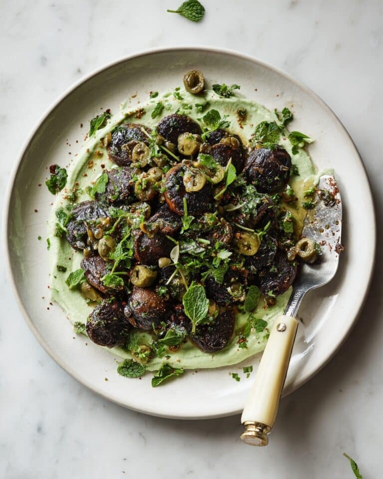 Herby Meatballs with Roasted Garlic Whipped Feta and Caper-Olive Topping Recipe