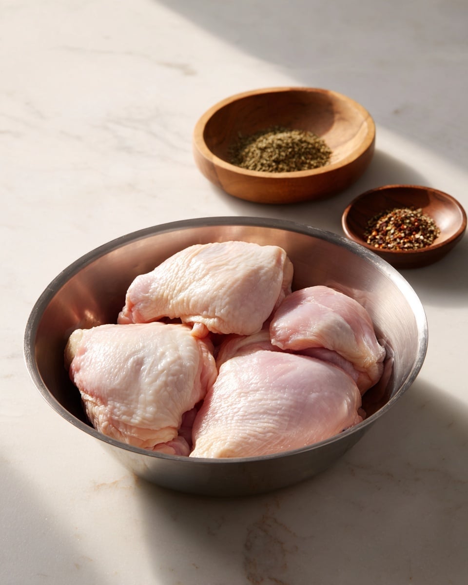 A shiny silver metal bowl sits on a white marbled surface, holding three raw pale pink chicken pieces with smooth and slightly shiny textures arranged loosely inside. Near the bowl, a small round wooden bowl contains three types of dry green and brown spices, adding contrast to the scene. The overall setting has soft, natural light highlighting the moist, fresh look of the chicken. photo taken with an iphone --ar 4:5 --v 7