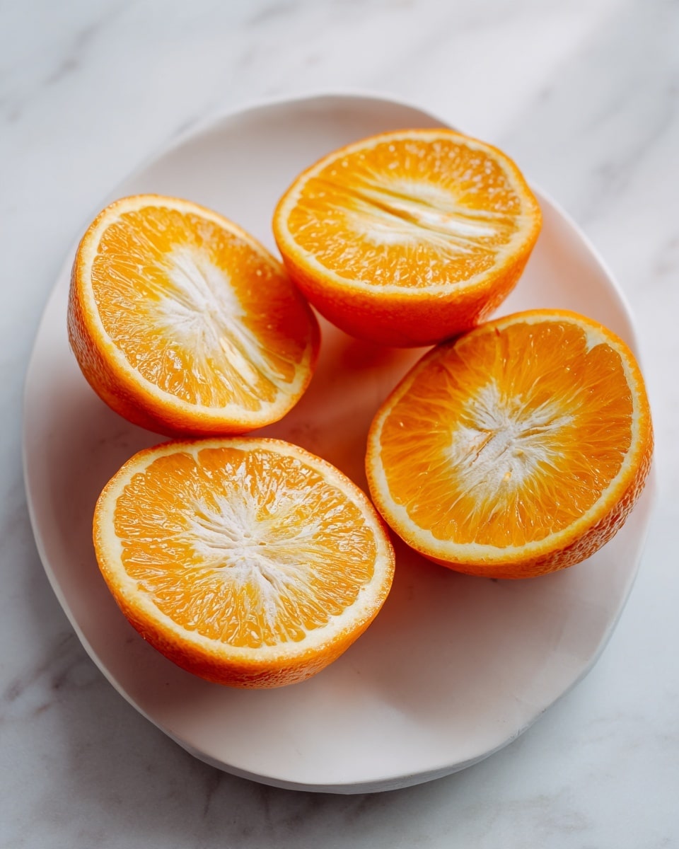 A white oval plate holds four orange halves that are hollowed out, showing the bright orange and pale yellow textured inner rind where the fruit flesh used to be. Each half sits upright on a white marbled surface, with smooth, slightly shiny orange skin on the outside and a rougher, dry interior. The plate and orange halves are centered in the image with soft natural light, creating gentle shadows and highlights. photo taken with an iphone --ar 4:5 --v 7
