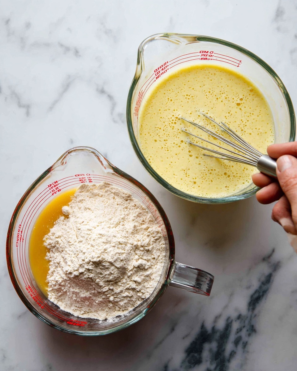 The image shows two clear glass measuring cups with red markings on a white marbled surface. The first cup on the left contains a dry mixture of light beige flour forming a smooth mound with some orange-yellow liquid visible at the edges beneath it. The second cup on the right shows the mixture after being whisked, now a smooth, light yellow batter with bubbles, being stirred by a silver whisk held by a woman's hand from the right side. The measuring cups have a spout and handle, and the background is white marble with some dark grain patterns. Photo taken with an iphone --ar 4:5 --v 7