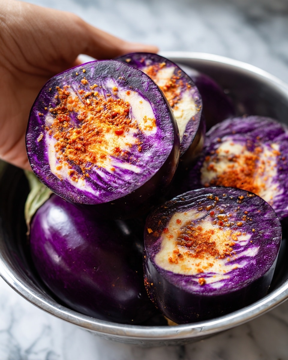 A close-up image of a woman's hand holding a purple eggplant that is partially sliced into four sections but still attached at the base, with orange spice sprinkled on top of each slice. The eggplant is inside a silver metal bowl, with another whole purple eggplant visible in the bowl underneath. The white marbled surface is slightly visible below the bowl. Photo taken with an iphone --ar 4:5 --v 7