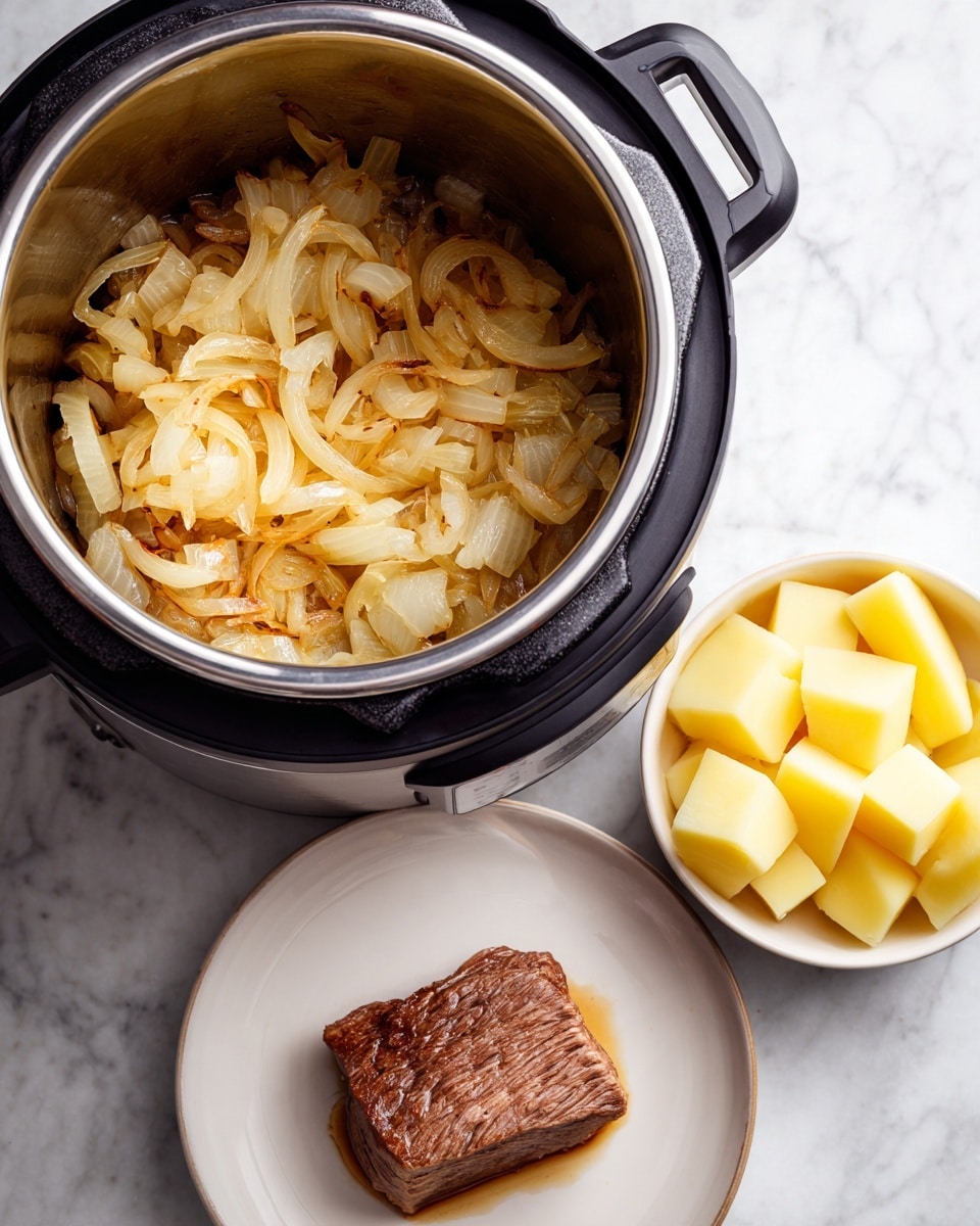 Inside a black electric cooker, there is one layer of cooked onions that are soft and golden brown with slightly caramelized edges, sitting against the cooker’s metal inner pot. Next to the cooker, on a white plate, there is a single piece of brown cooked meat with a rough surface and juices around it. To the side, a small white bowl holds peeled potato pieces, light yellow in color and cut into large chunks. All items are placed on a white marbled surface. photo taken with an iphone --ar 4:5 --v 7