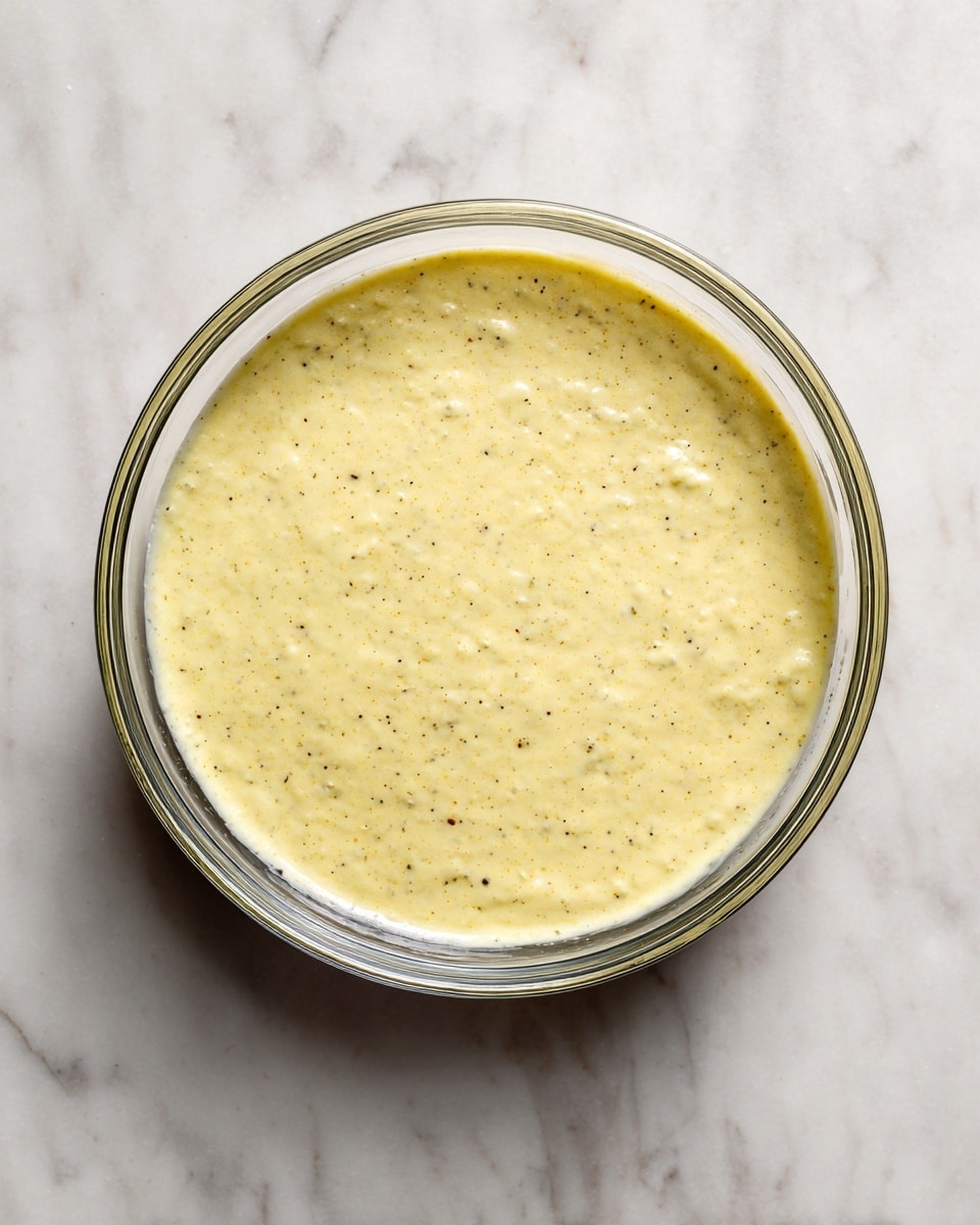A clear glass bowl sits on a white marbled surface, filled with a single smooth layer of a thick, creamy mixture that is pale yellow with small black specks scattered throughout, giving the texture a slightly uneven look with a few small lumps visible. The bowl is round and transparent, showing the full consistency of the mixture inside. photo taken with an iphone --ar 4:5 --v 7