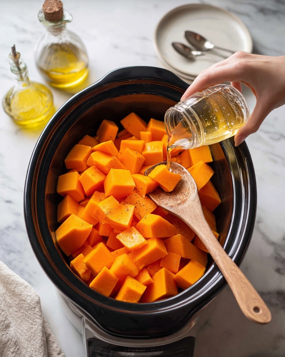 A black slow cooker filled with many chunks of bright orange butternut squash inside, with a wooden spoon resting among the squash. A woman's hand is pouring a clear liquid from a glass jar into the slow cooker over the squash. The cooker is set on a white marbled surface, with a glass bottle of oil and a white plate with a spoon nearby. Photo taken with an iphone --ar 4:5 --v 7