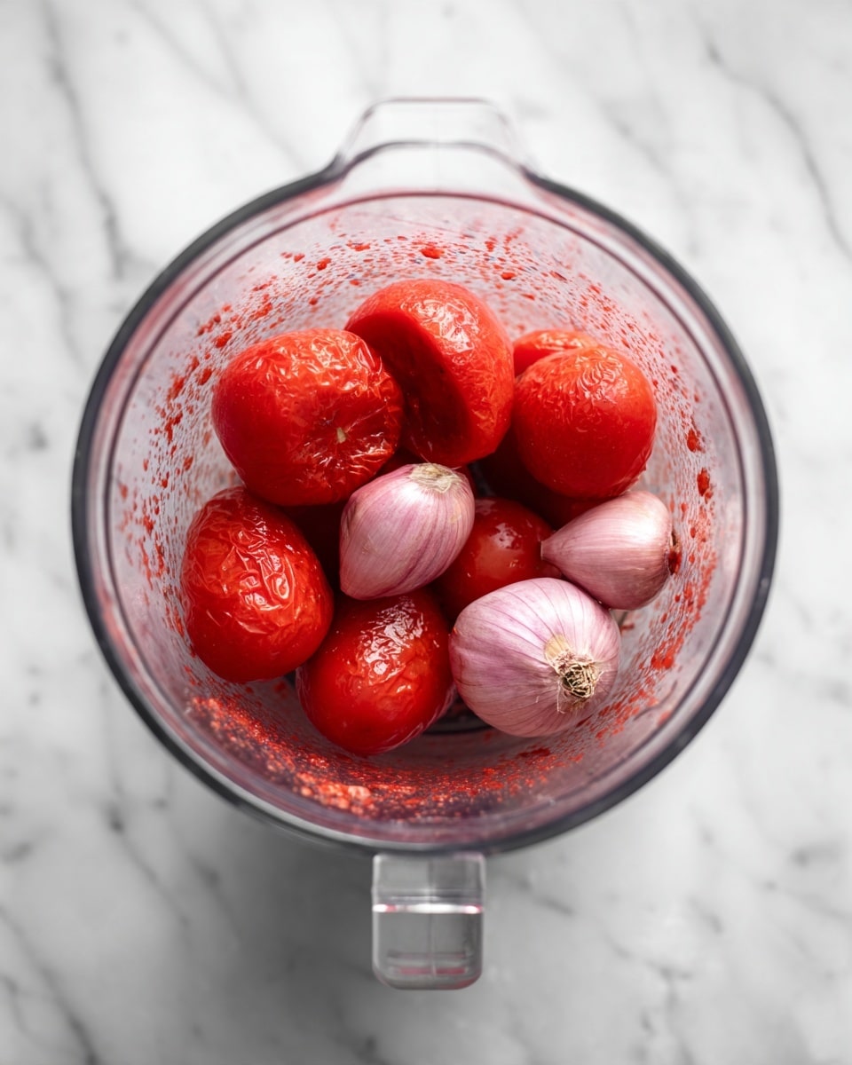 A clear blender jar filled with several red roasted tomatoes and two small shallots inside. The tomatoes have a soft texture and a shiny, moist surface with visible seeds, while the shallots have a light purple color with smooth skin. There is some reddish liquid collecting at the bottom, indicating juice from the roasted ingredients. The blender is placed on a white marbled surface. photo taken with an iphone --ar 4:5 --v 7
