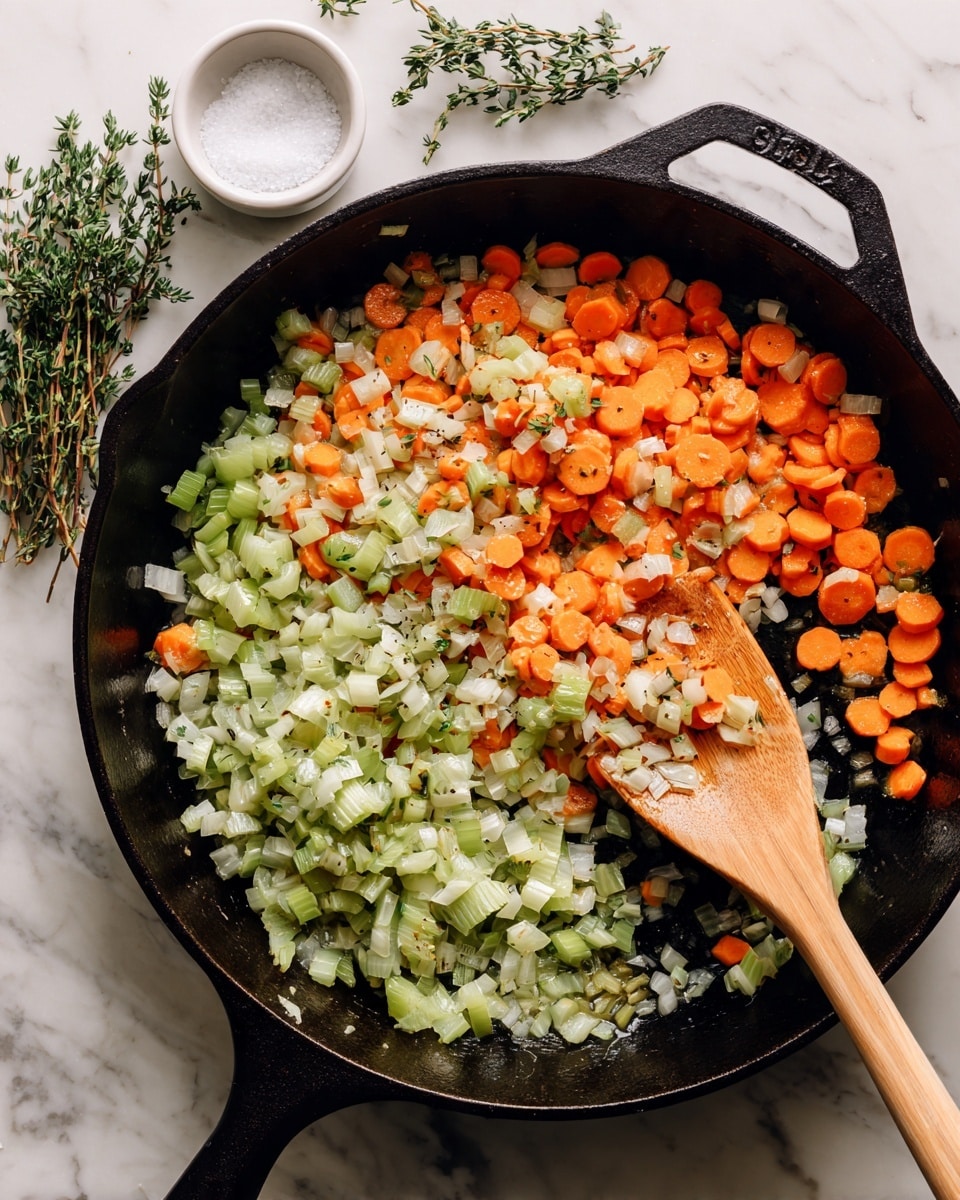 A black cast iron pan filled with a colorful mix of cooked vegetables, showing two main layers: the base layer is chopped light green celery pieces scattered across the pan, and the top layer is round orange carrot slices spread evenly over the celery; intermixed are small diced white onions adding texture. A wooden spoon with a smooth light brown handle rests inside the pan on the right side, partially covered with some of the chopped vegetables. In the top left corner near the pan, there are fresh green thyme sprigs lying on the white marbled surface next to a small white ramekin filled with salt. The photo taken with an iphone --ar 4:5 --v 7