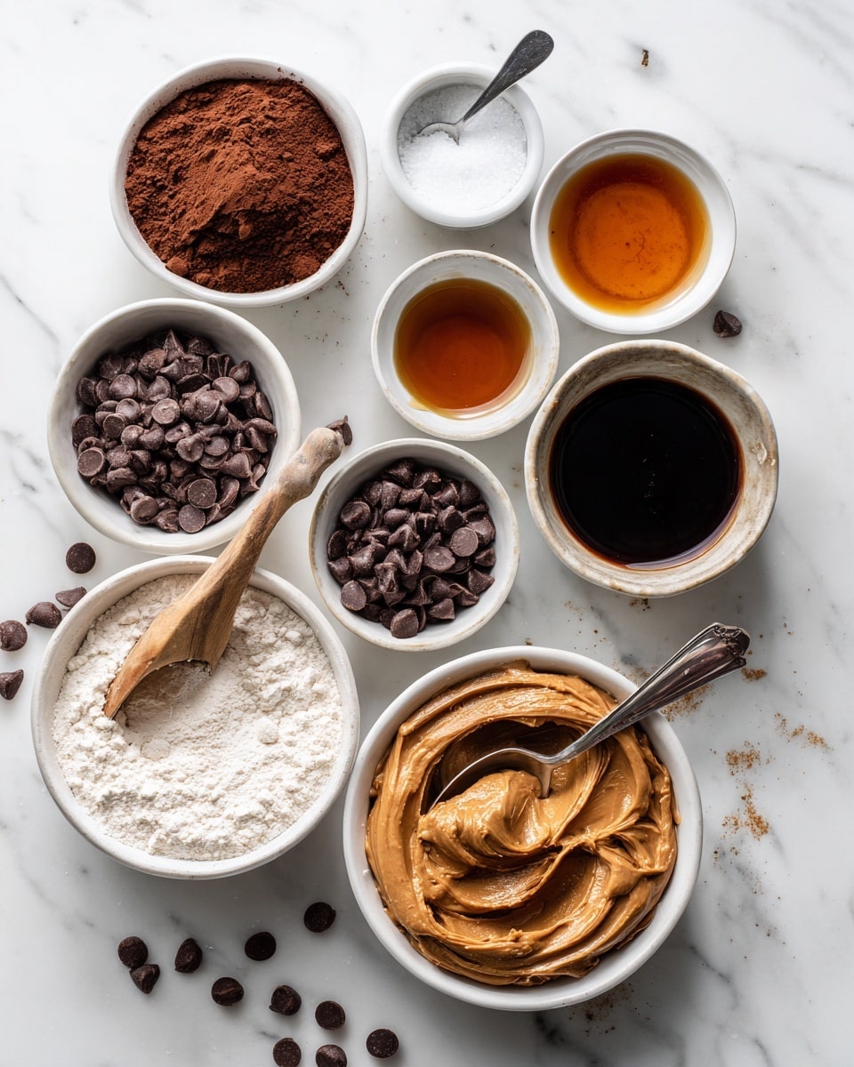 The image shows eight white bowls arranged on a white marbled surface, each containing different baking ingredients. Starting from the top left, there is a small white bowl filled with cocoa powder, to its right a smaller bowl with salt, then a bowl with a dark amber liquid, likely syrup. Below the cocoa powder is a bowl with a dark brown liquid, possibly vanilla extract, next to it a bowl filled with small chocolate chips. At the bottom left is a bowl with a white powder, possibly almond flour, beside it a bowl filled with light brown flour with a small wooden spoon resting on top. The largest bowl positioned left center holds thick peanut butter with a metal spoon inside. Scattered chocolate chips are visible on the surface around the bowls. photo taken with an iphone --ar 4:5 --v 7