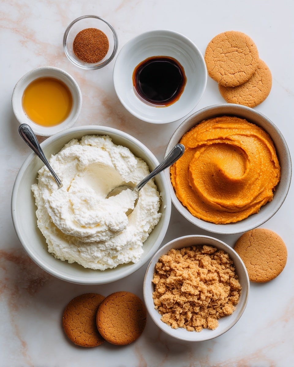 The image shows six white bowls arranged on a white marbled surface with a peach tile pattern. The largest bowl holds a large scoop of white cottage cheese with a metal spoon inside, placed in the lower left. To its right, a smaller bowl is full of crushed light brown cookies. Above it on the right, a bowl contains smooth, orange pumpkin puree. In the top center, a bowl with dark brown liquid (vanilla extract) is placed. To the left of this, another small bowl holds a golden syrup. At the top left corner, a small bowl has brown spices. Around the bowls are four whole golden-brown cookies, creating a balanced, neat arrangement. photo taken with an iphone --ar 4:5 --v 7