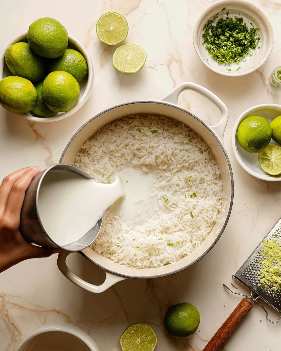 A white pot filled mostly with uncooked white rice and some oil droplets on top is centered on a white marbled surface. A woman's hand is pouring a white liquid, likely coconut milk, from a metal container held at the left side into the pot. Around the pot are fresh whole and halved green limes, a white bowl with fresh green cilantro leaves, a small white bowl with green lime zest, and a metal grater with wooden handle holding more lime zest on the right side. The background is mostly a pale cream color beneath the white marbled surface. photo taken with an iphone --ar 4:5 --v 7