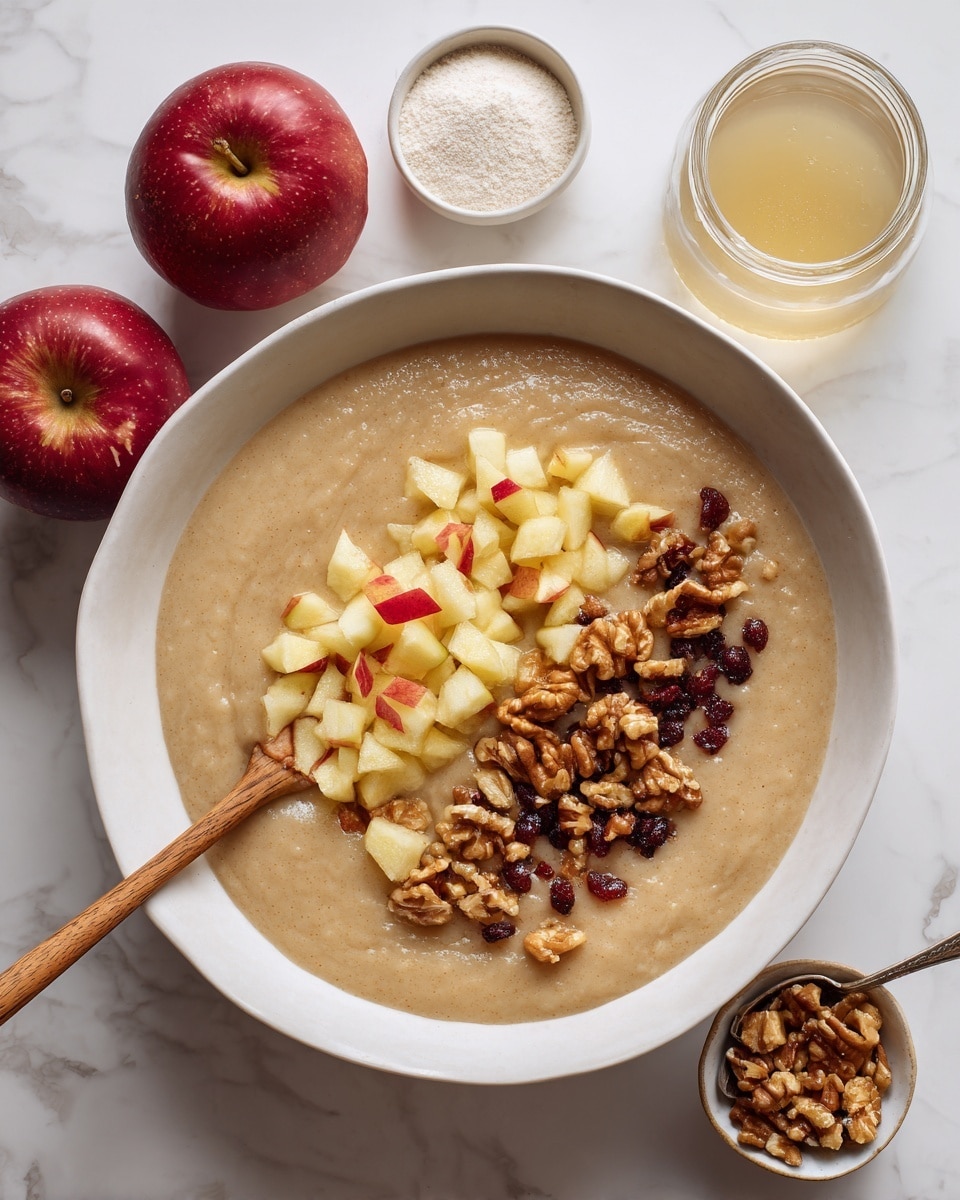 A large white bowl sits on a white marbled surface filled about three-quarters with a light brown, smooth batter. On top of the batter, there are two distinct toppings: a pile of pale yellow grated apple with bits of red skin mixed in on the left side, and roughly chopped walnuts with a mix of light and dark brown tones on the right side. A wooden spoon is partially dipped into the batter on the left, stirring in the ingredients. Around the bowl, there are whole red apples, a small container of more chopped walnuts, and a glass jar of white sugar. In the top right corner, a small clear glass holds a pale yellow liquid or syrup with a spoon resting inside. photo taken with an iphone --ar 4:5 --v 7