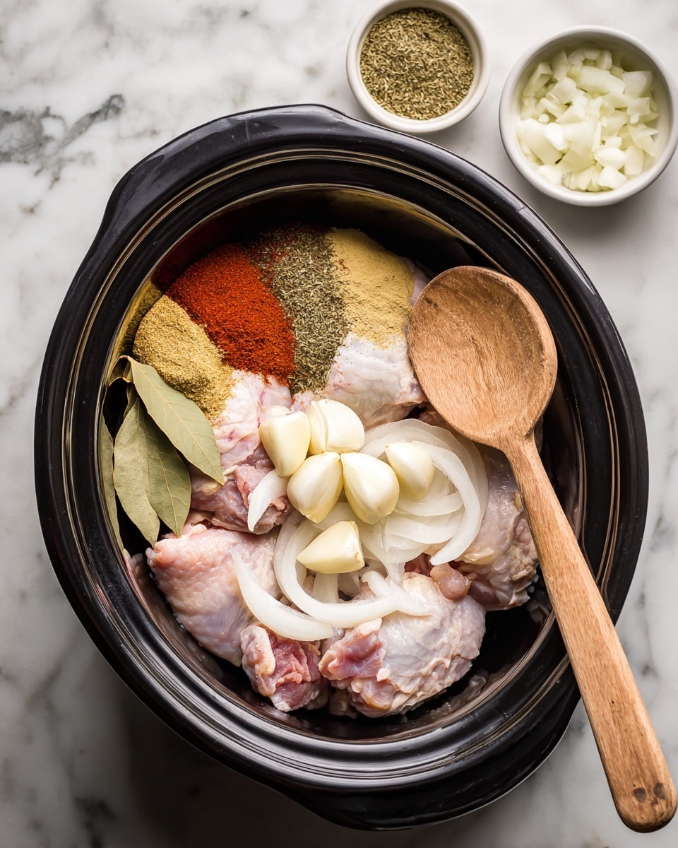 A black slow cooker filled with raw pale pink chicken thighs at the bottom, topped with thin white onion slices spread across the chicken. Whole garlic cloves, creamy white in color, rest on top of the onion. To the left side, there are three distinct spice piles: a bright red paprika powder, a golden-brown ground spice, and a small mound of greenish dried herbs. Two whole bay leaves with a muted green tone lie above the chicken near the spices. A light wooden spoon with a smooth texture is placed on the right side inside the cooker. The cooker is set on a white marbled surface with a small white bowl of extra garlic and greens nearby. Photo taken with an iphone --ar 4:5 --v 7