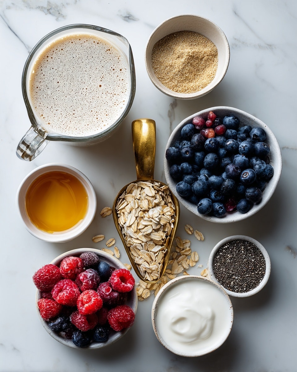 A top view of various ingredients for a meal arranged on a white marbled surface, including a large clear measuring cup filled with a frothy creamy liquid on the left, a small white bowl containing light brown powder at the top right, a larger white bowl filled with fresh blueberries and red raspberries at the bottom right, a small bowl with a golden honey-like liquid near the center, a brass scoop filled with rolled oats spilling some onto the surface, a white bowl of sliced almonds at the upper right, a small bowl of black chia seeds at the bottom left, and a clear bowl of white creamy yogurt near the middle right; some scattered blueberries and raspberries add color around the bowls, photo taken with an iphone --ar 4:5 --v 7