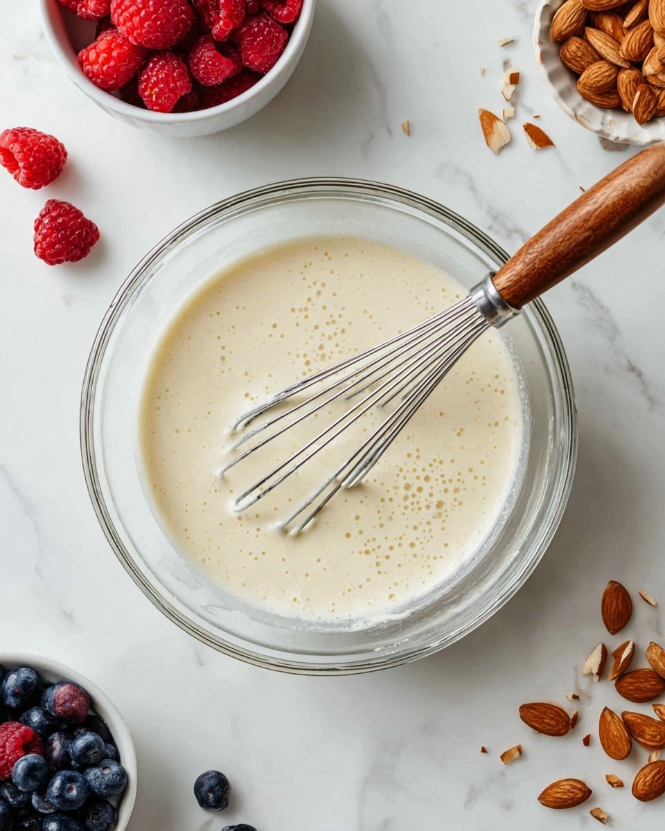 A clear glass bowl filled with a pale creamy batter with small bubbles on the surface sits on a white marbled surface. Inside the bowl is a silver whisk with a wooden handle resting on the right side, partially submerged in the batter. Around the bowl are two white bowls, one with red raspberries and dark blue blueberries in the bottom left, and the other with toasted almond slices in the top right. Scattered nearby are a few loose berries and almond slices. Photo taken with an iphone --ar 4:5 --v 7