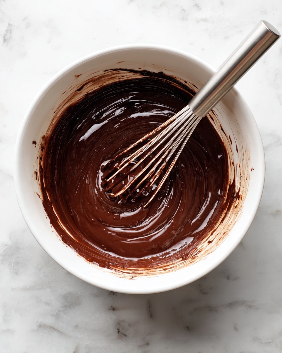 A white bowl is filled with thick, shiny dark chocolate batter that has a smooth texture with some soft swirls. A silver whisk is inside the bowl, covered with the chocolate mixture, its wires coated and some batter dripping from them. The bowl sits on a white marbled surface, and the chocolate batter clings to the sides of the bowl showing dark streaks where it was mixed. photo taken with an iphone --ar 4:5 --v 7
