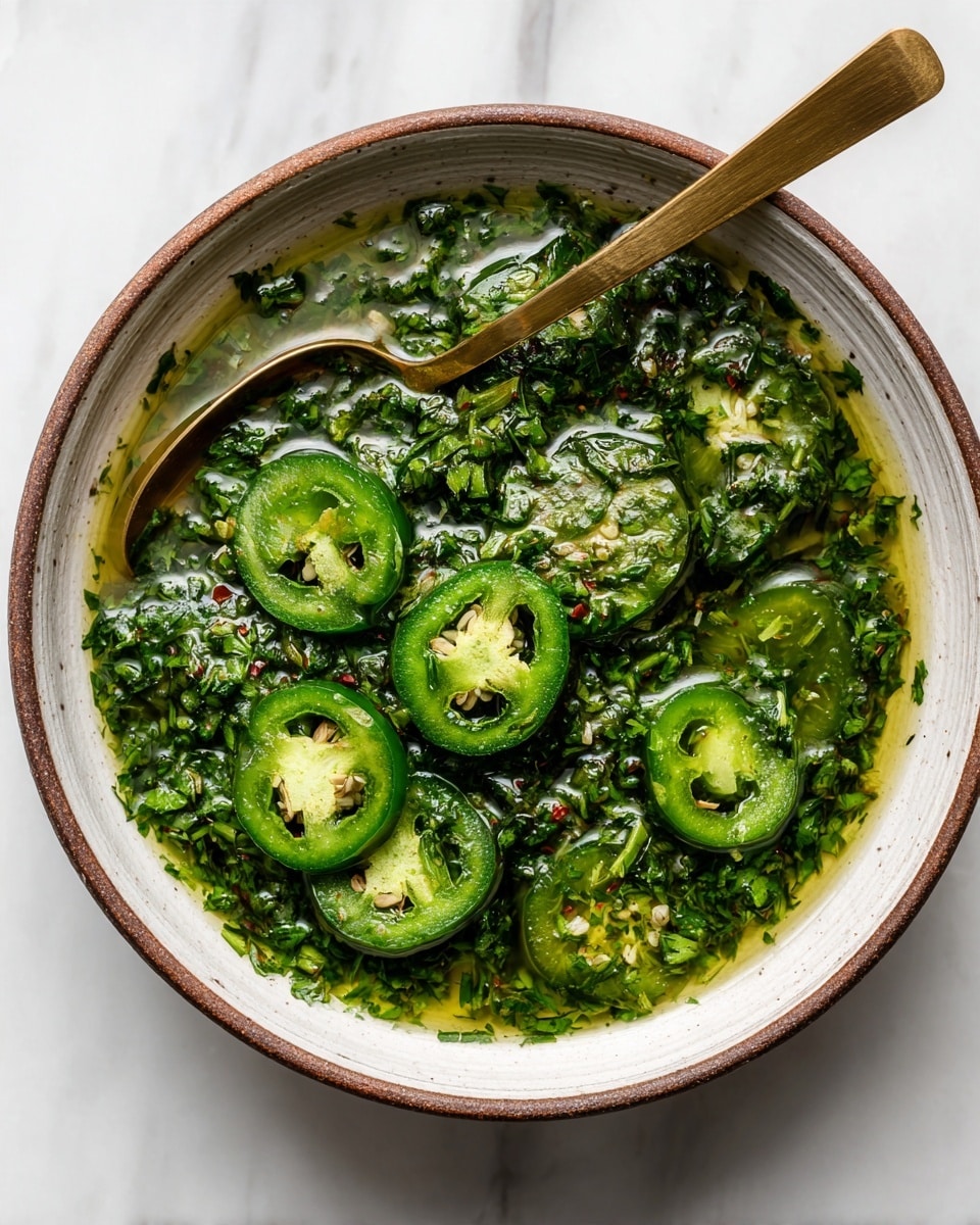 The image shows a white bowl with a brown rim filled with a green sauce mixture. Inside the bowl, there are finely chopped green herbs covering the surface, giving it a rough texture. Floating on top are several slices of green chili peppers with visible seeds and smooth glossy skin. A golden spoon rests inside the bowl, partly submerged in the sauce, adding a shiny metallic contrast to the greens. The bowl is placed on a white marbled surface. photo taken with an iphone --ar 4:5 --v 7