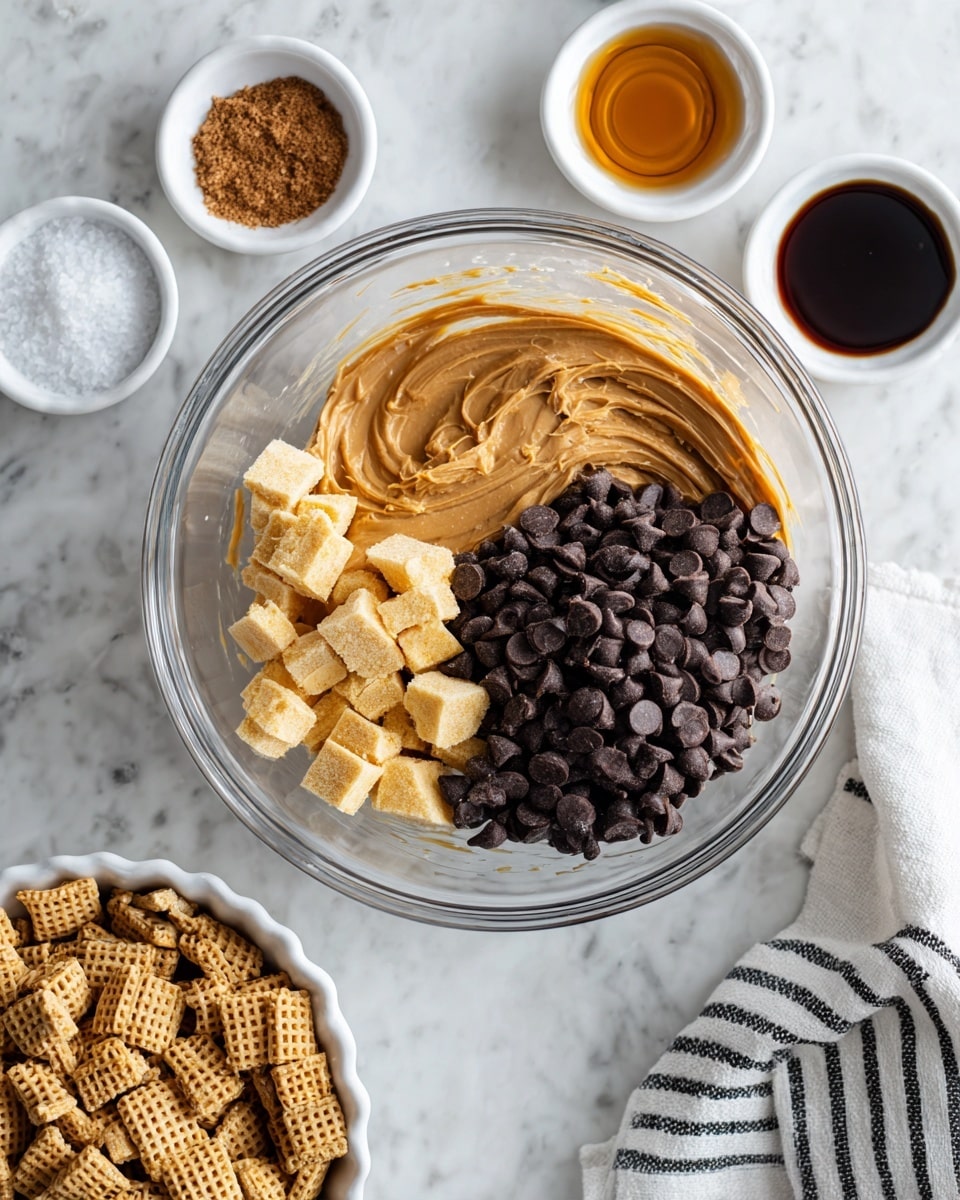 A clear glass bowl sits on a white marbled surface, filled with three main layers: a smooth, light brown peanut butter spread on the right, a pile of dark chocolate chips on the left, and yellow cubes of butter overlapping the chocolate chips. Around the bowl, small white dishes hold coarse white salt, dark brown cinnamon powder, and a dark brown liquid sauce, all placed on the white marbled background. In the lower left corner, part of a white bowl with ridged edges holds light brown square cereal pieces. A white and black striped cloth is partially visible on the lower right side. Photo taken with an iphone --ar 4:5 --v 7