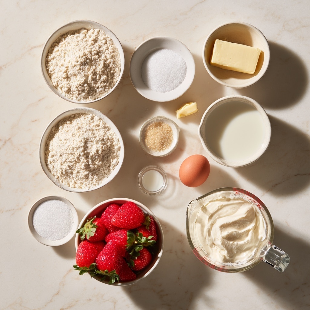 The image is divided into three vertical panels. The left panel shows three round biscuits with a golden-brown crust on top, and a soft, pale inside visible from the side. They sit on a baking tray with a slightly shiny surface. The middle panel has a clear glass bowl on a white marbled surface filled with bright red strawberries, some sliced into small pieces. A silver spoon rests inside the bowl among the strawberries. In the right panel, a shiny silver mixing bowl on a white marbled surface holds a creamy white mixture being whipped by a metal whisk attached to a stand mixer. A red apple is faintly visible in the background. Photo taken with an iphone --ar 4:5 --v 7